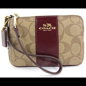Coach Corner Zip Leather Accent Wristlet in Khaki/Burgundy, NWT